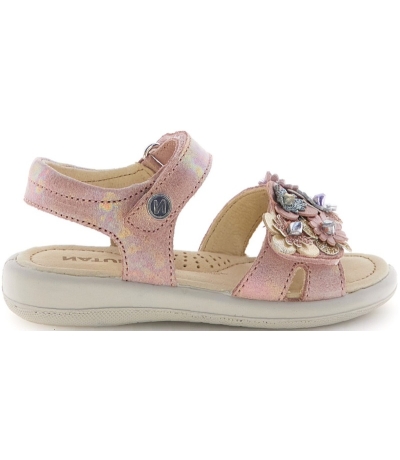 Pink leather girls sandals with flowers